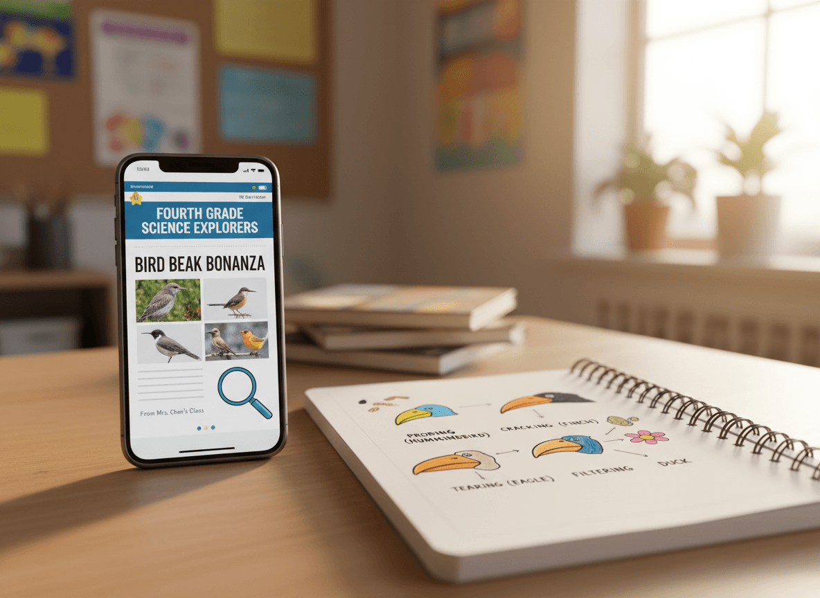 A fourth grade science newsletter on a phone screen next to a labeled bird beak diagram in a student notebook