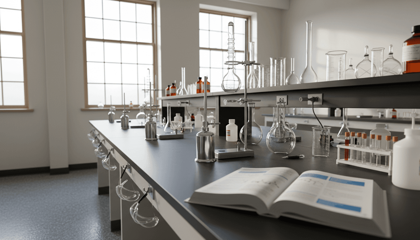AP Chemistry students performing a titration experiment with burettes and beakers in a high school laboratory