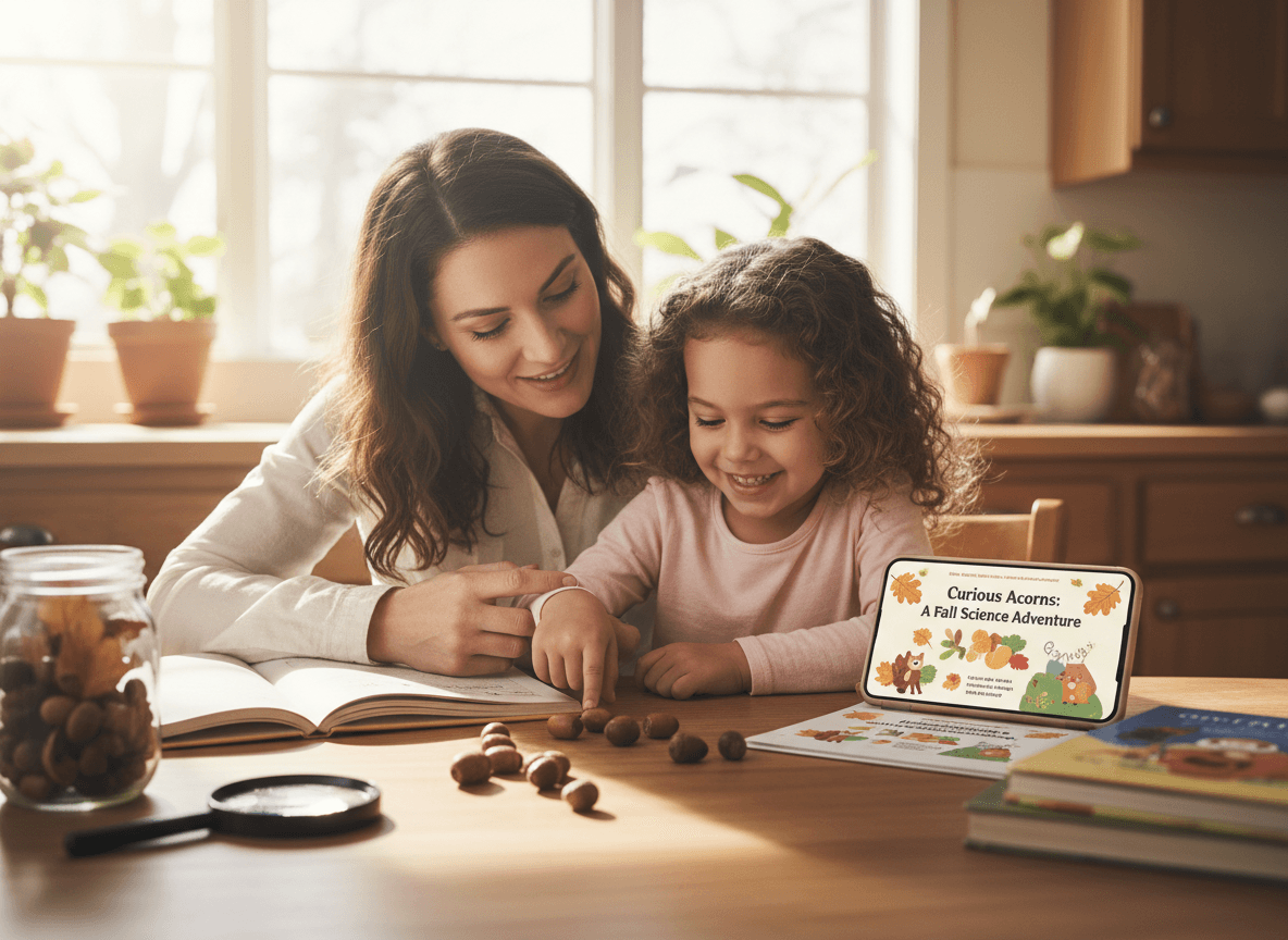 A parent and a kindergartener looking at acorns on a kitchen table next to a phone showing a science newsletter