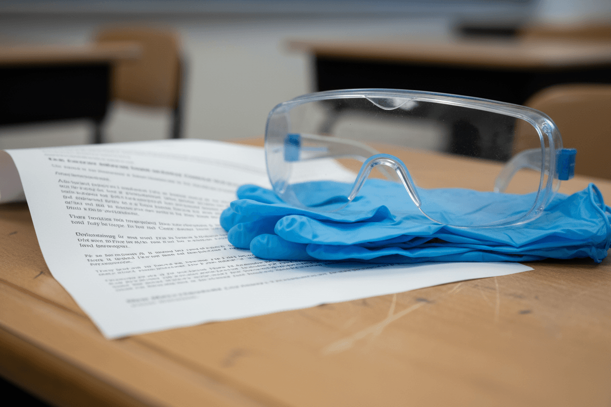 A signed student lab safety contract on a teacher's desk next to safety goggles and a fire extinguisher