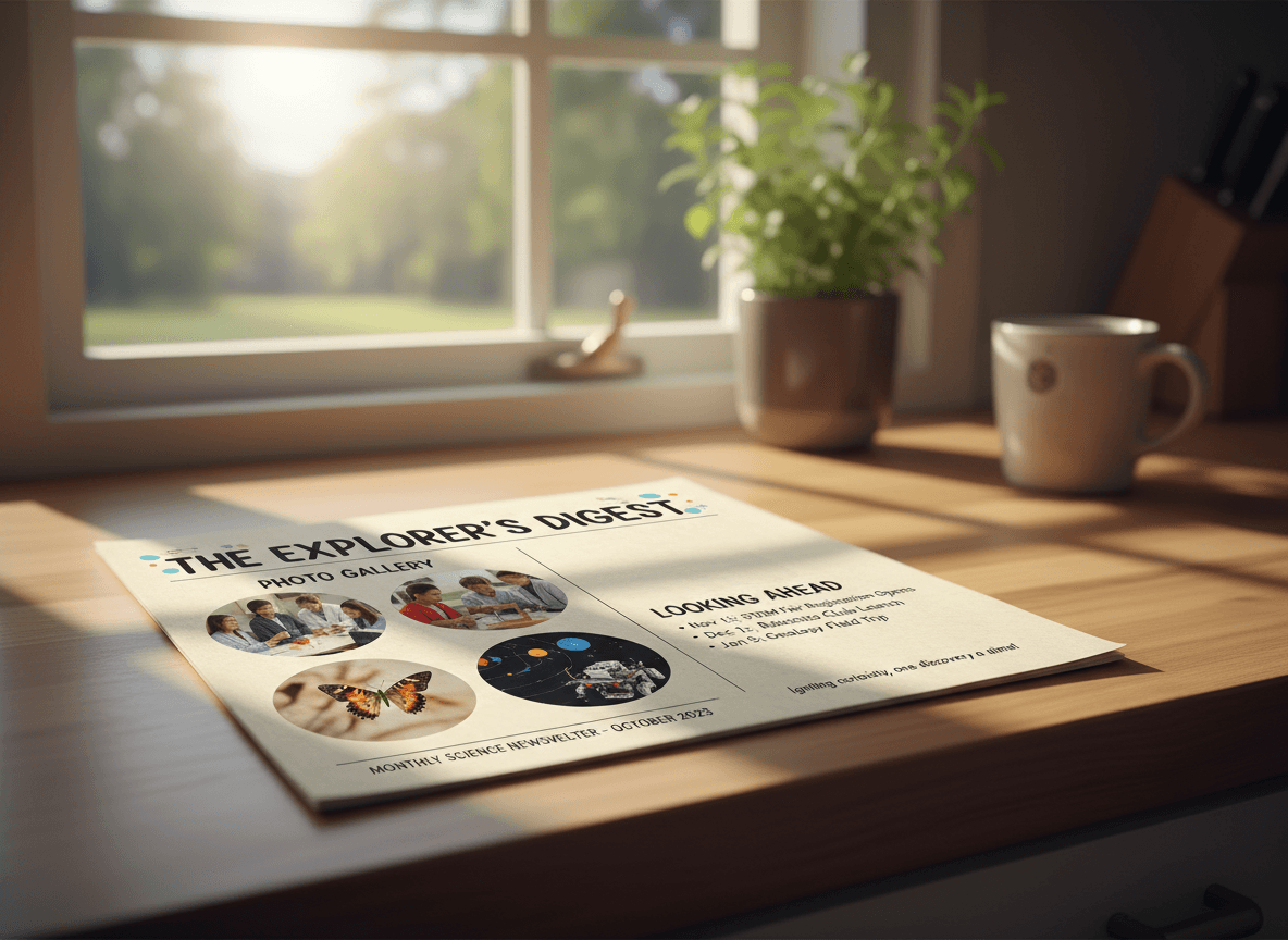 A printed monthly science newsletter on a kitchen counter showing a photo gallery and a looking-ahead section