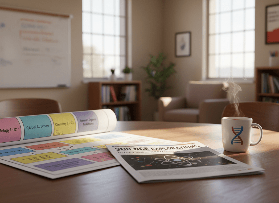 A printed science department newsletter on a meeting table next to a curriculum map and a coffee mug