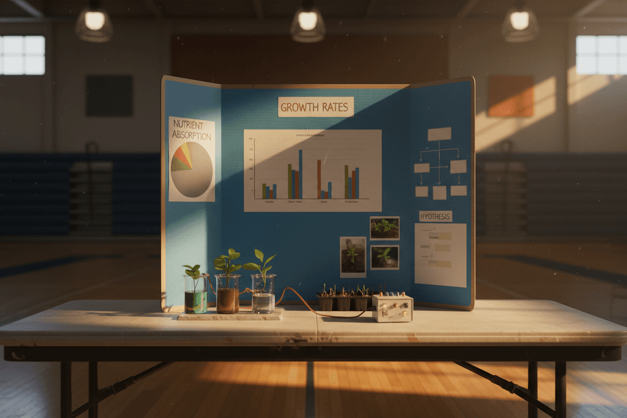 A parent helping a student arrange data charts on a science fair tri-fold board at a kitchen table
