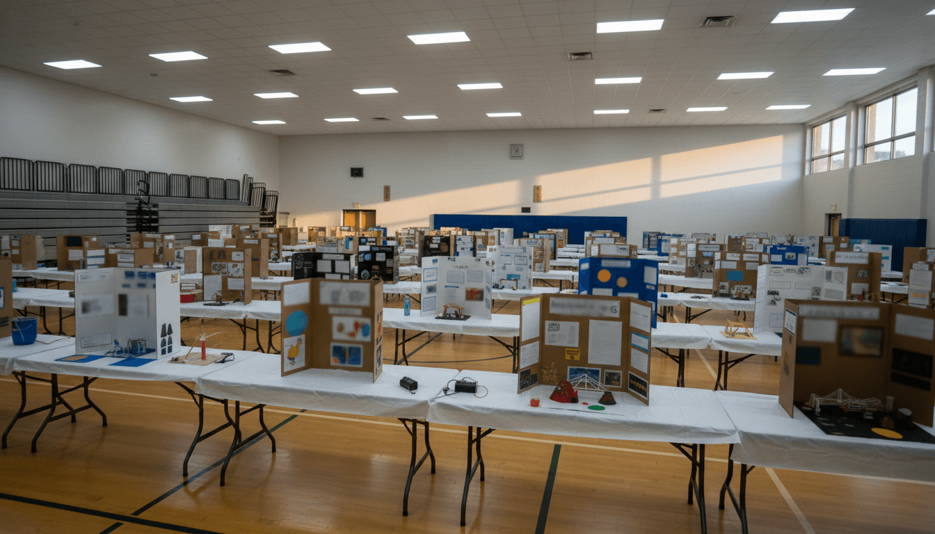 Middle school students standing next to their science fair tri-fold boards in a school gym during the annual fair