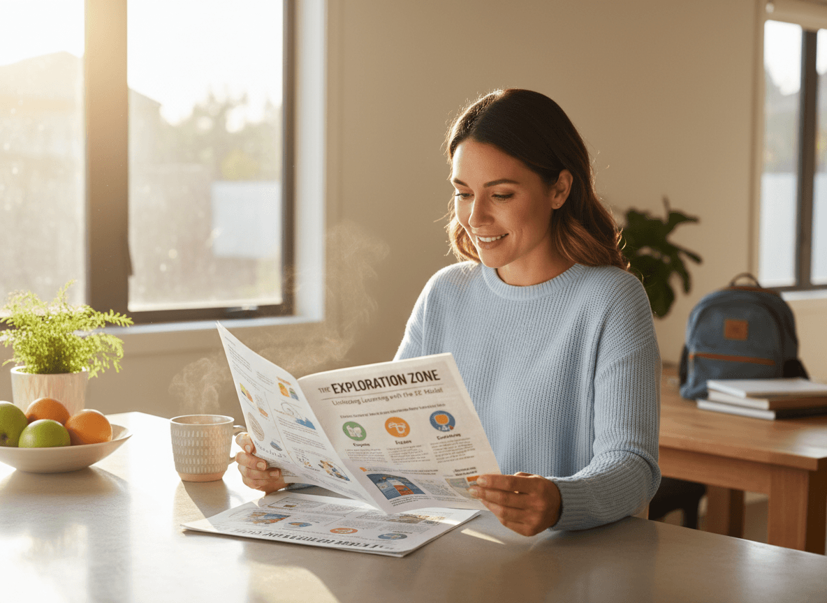 A printed science newsletter explaining the 5E model on a kitchen counter with a parent reading it