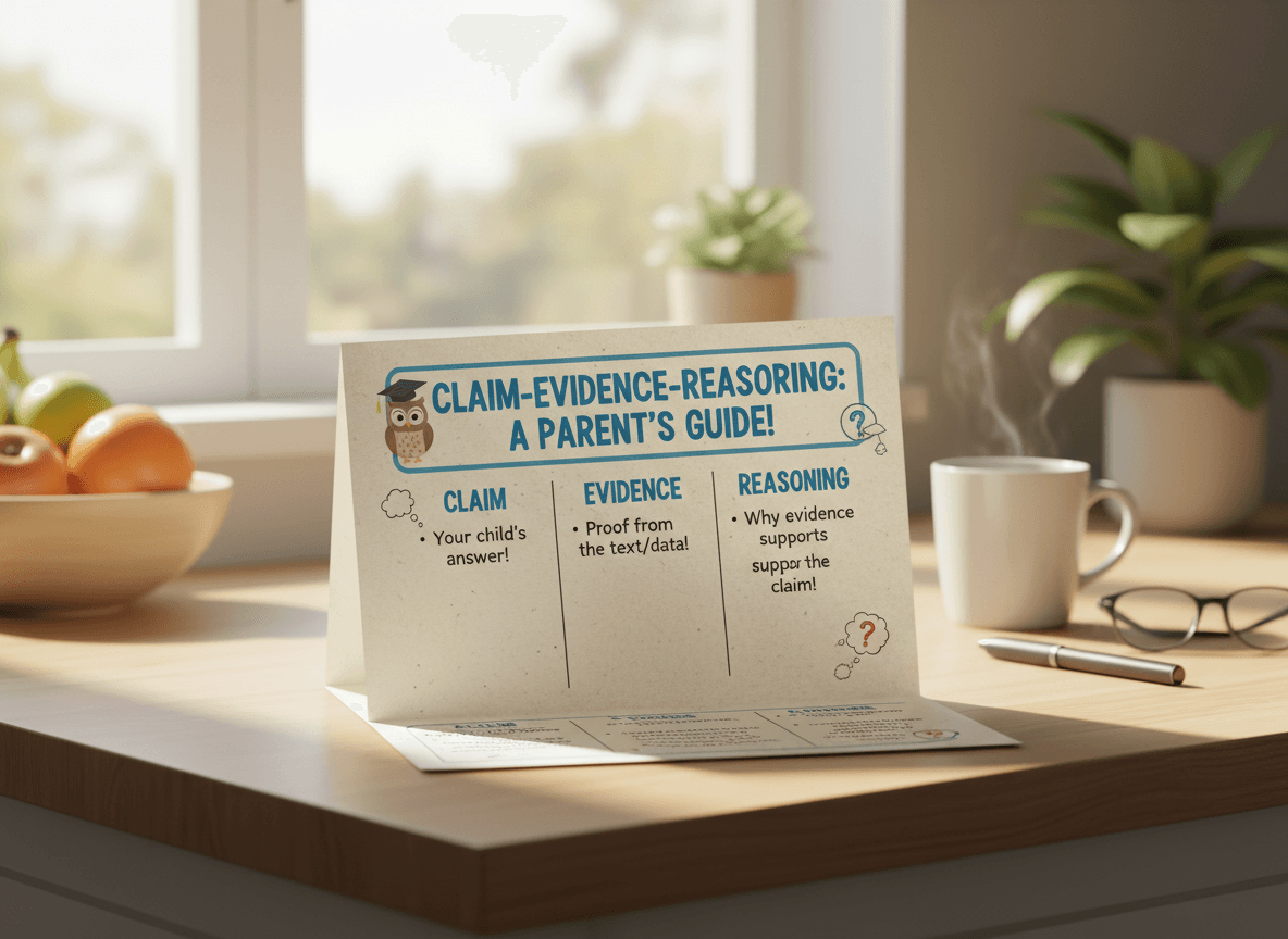 A printed parent newsletter explaining Claim-Evidence-Reasoning on a kitchen counter