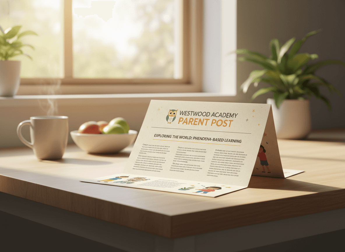 A printed parent newsletter explaining phenomena-based learning on a kitchen counter