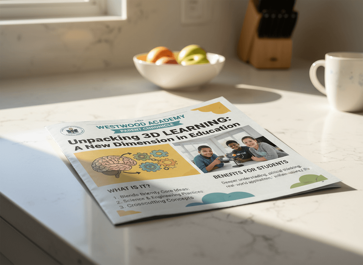 A printed parent newsletter explaining three-dimensional learning on a kitchen counter