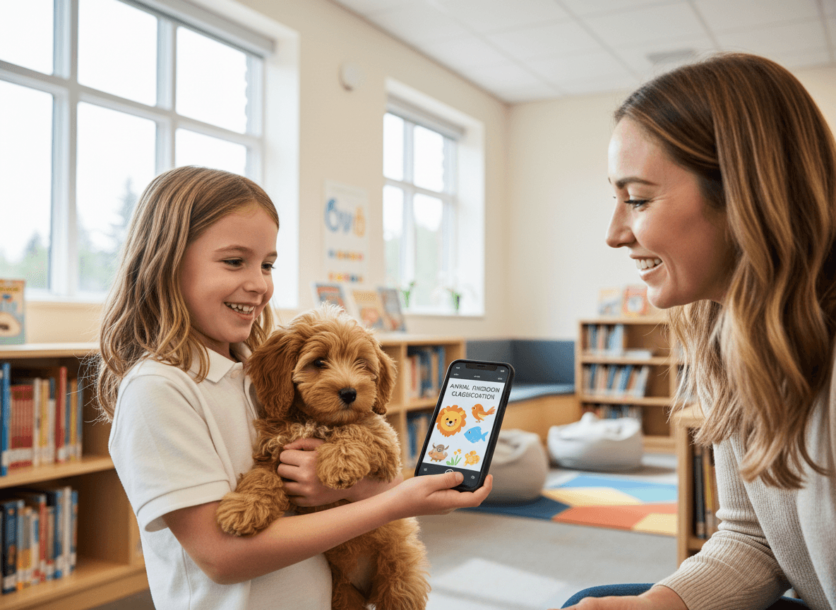 A child holding a small dog while showing an animal classification newsletter on a phone to a parent