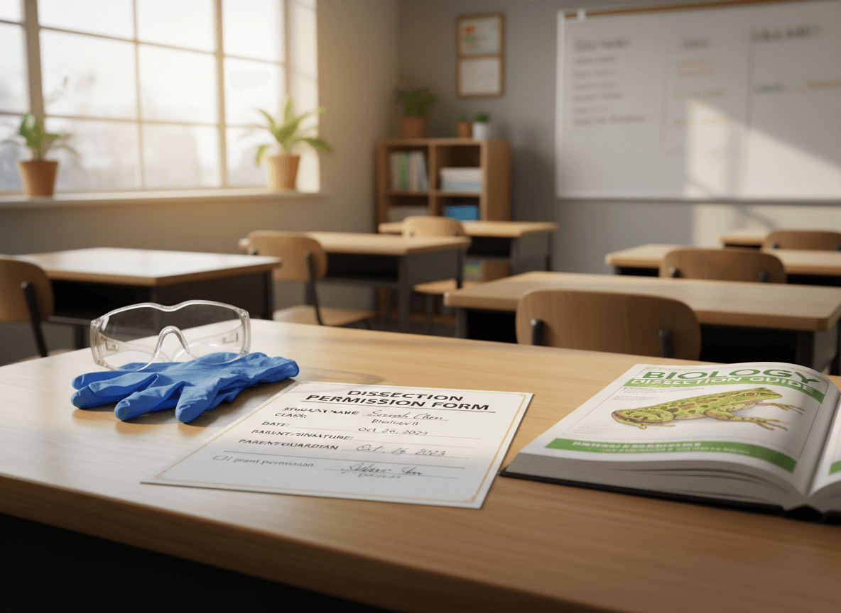 A signed dissection permission slip on a teacher's desk next to gloves, goggles, and a dissection guide