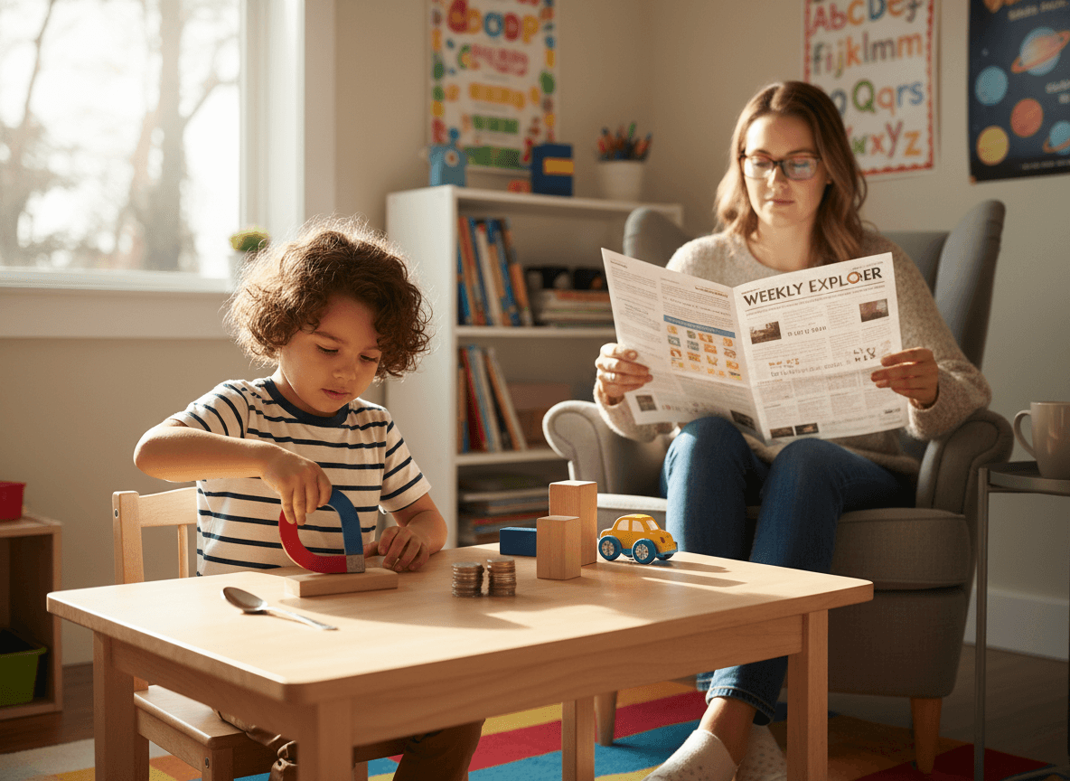 A child testing magnets on different household objects while a parent reads a printed newsletter nearby