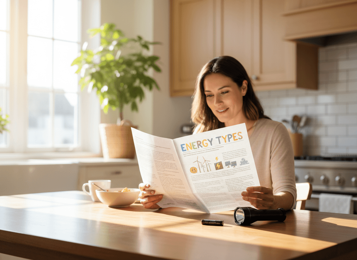 A parent reading a printed energy types newsletter at the kitchen table next to a flashlight and a battery