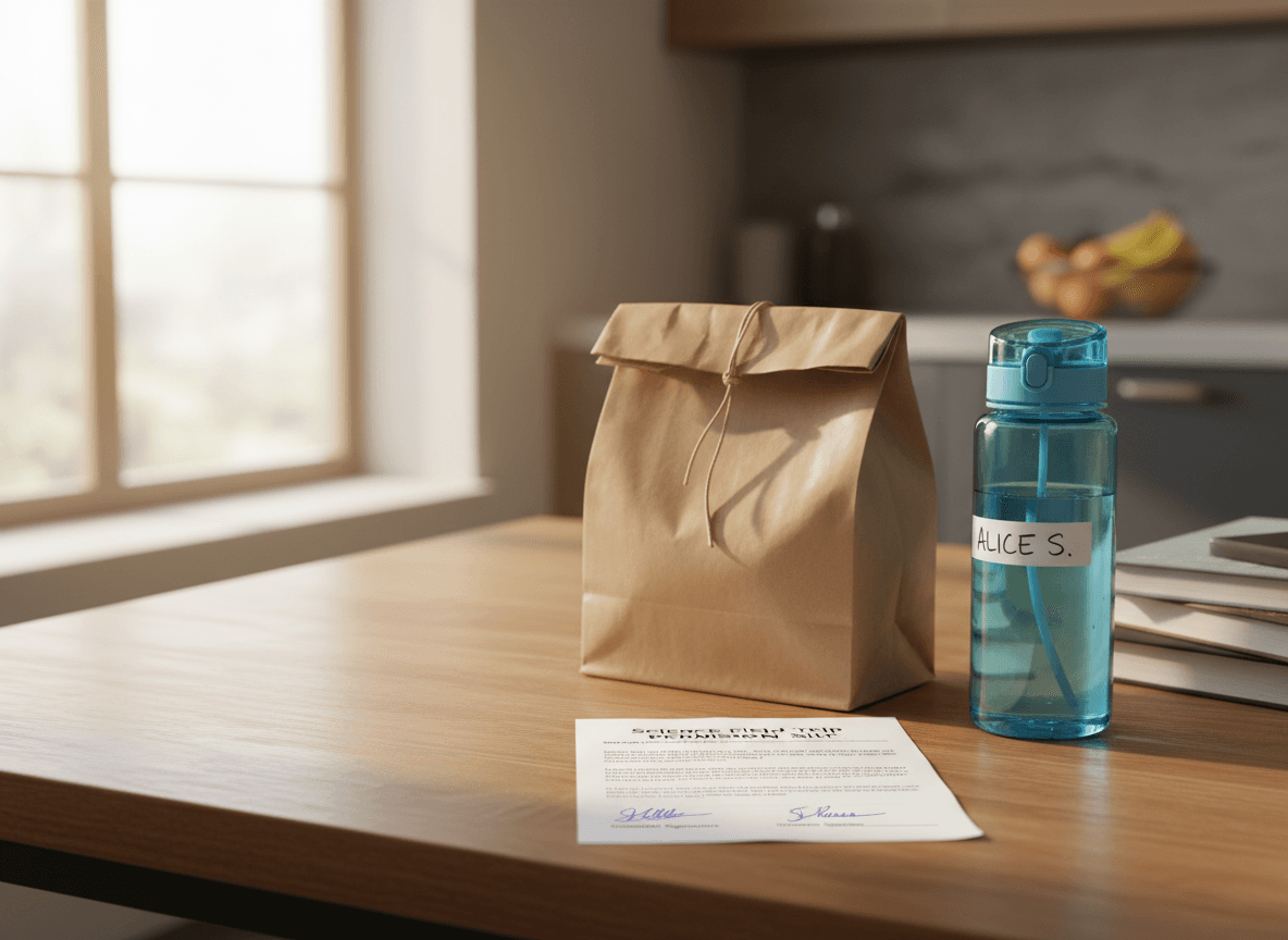 A signed science field trip permission slip on a kitchen table next to a lunch bag and a labeled water bottle