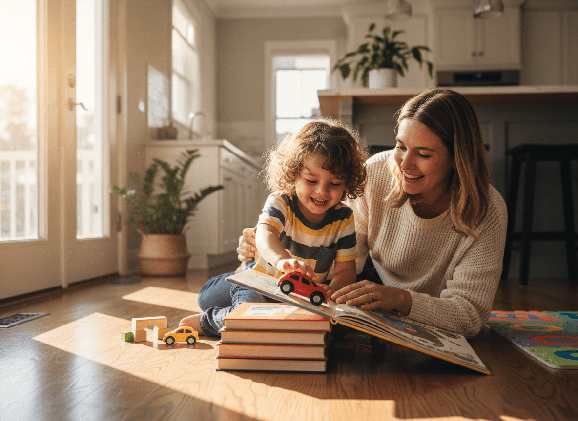 A parent and child rolling a toy car down a ramp made of a book on the kitchen floor
