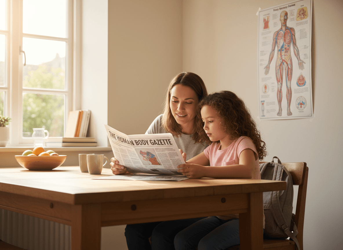 A parent and child reading a human body newsletter at the kitchen table next to a printed diagram of the circulatory system