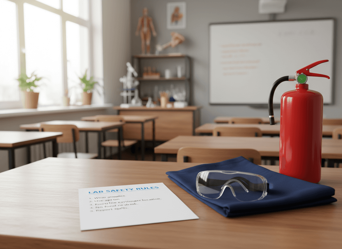A printed lab safety rules sheet on a teacher's desk next to goggles, an apron, and a fire extinguisher