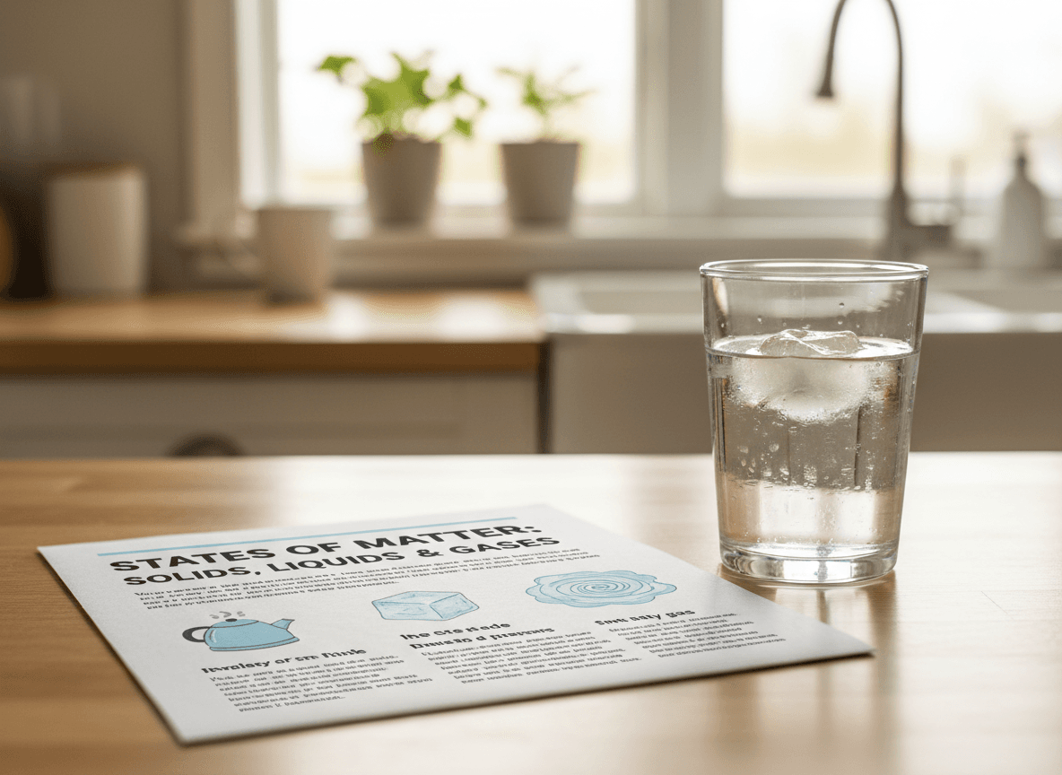 A printed states of matter newsletter on a kitchen counter next to a glass of water and an ice cube