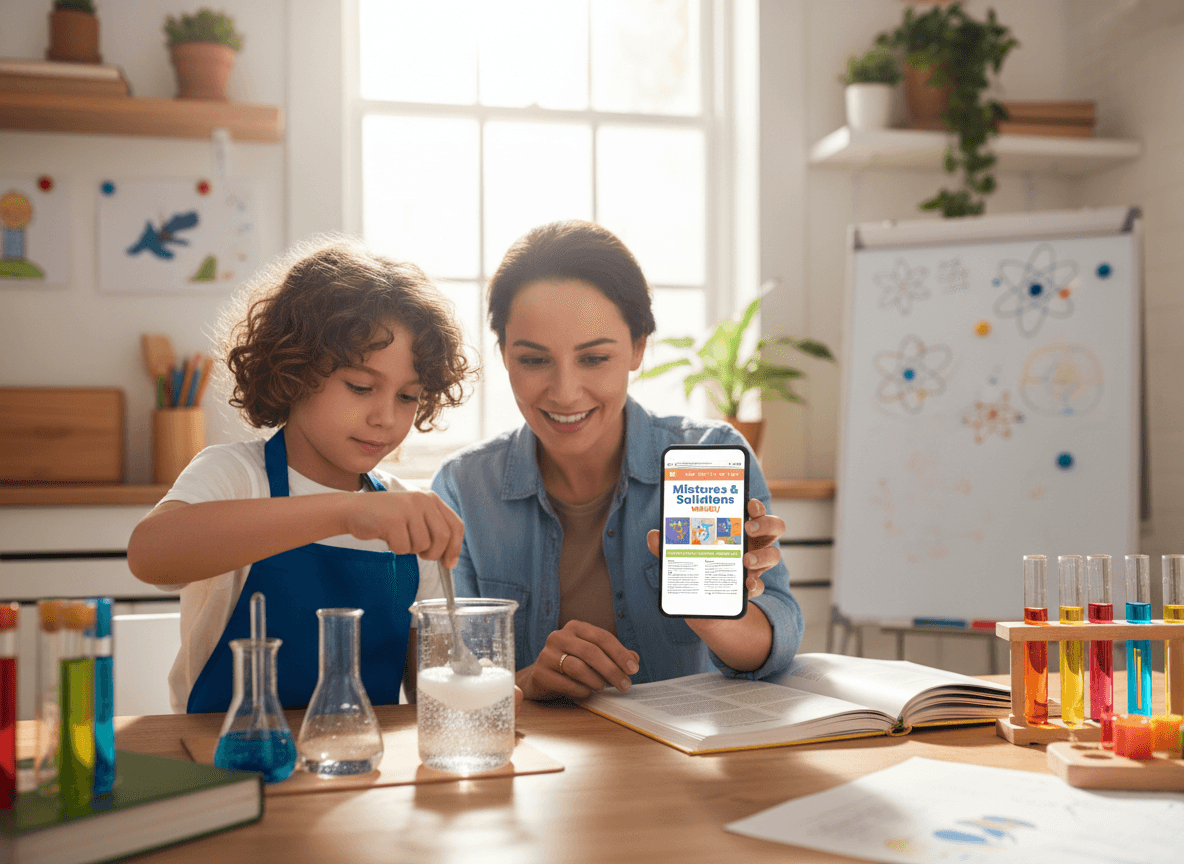 A parent holding a phone showing a mixtures newsletter while a child stirs sugar into water at the kitchen table
