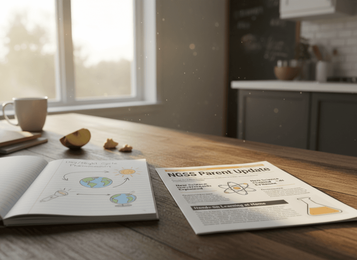 A printed NGSS parent newsletter on a kitchen table next to a child's science notebook with a phenomenon diagram