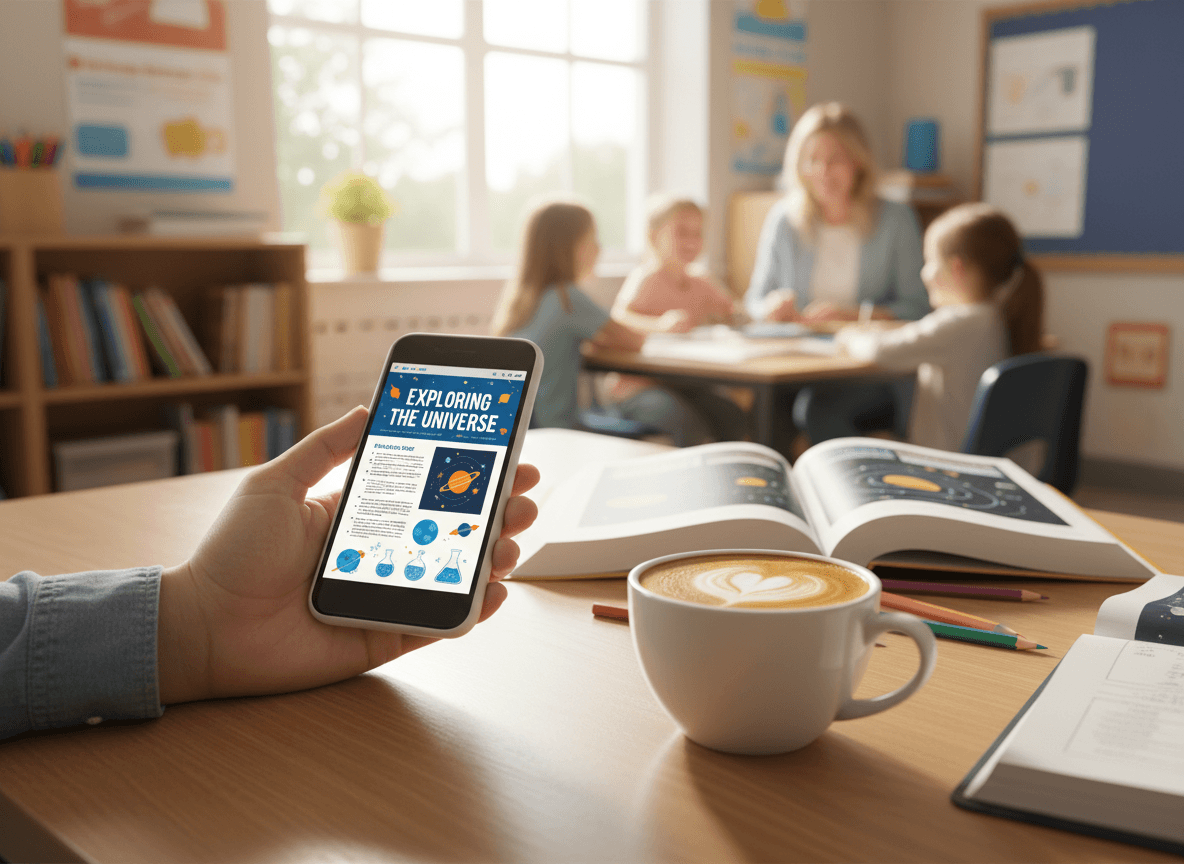 A parent's hand holding a phone with a science newsletter open next to a coffee mug