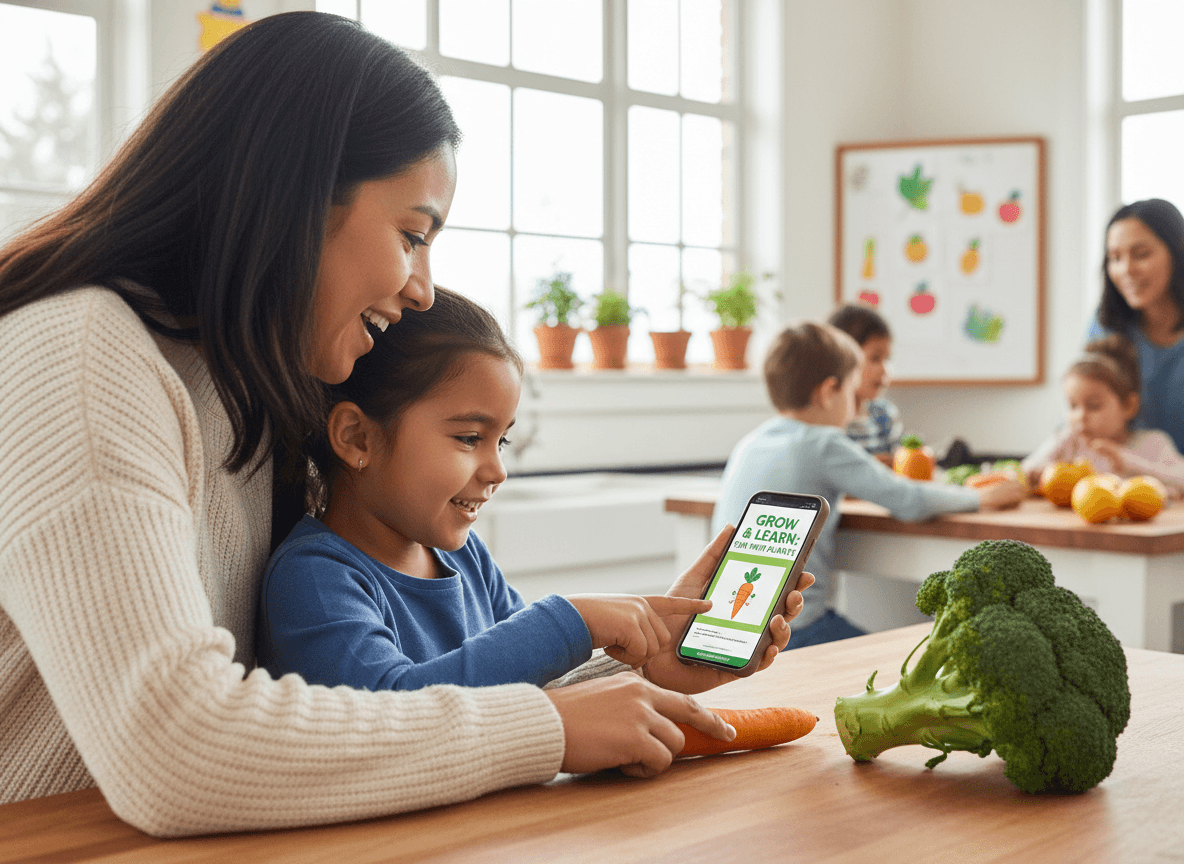 A parent and child looking at a carrot and a head of broccoli on a kitchen counter while reading a plants newsletter on a phone