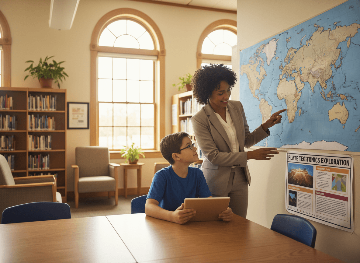 A parent and student looking at a world map showing plate boundaries while reading a plate tectonics newsletter on a tablet