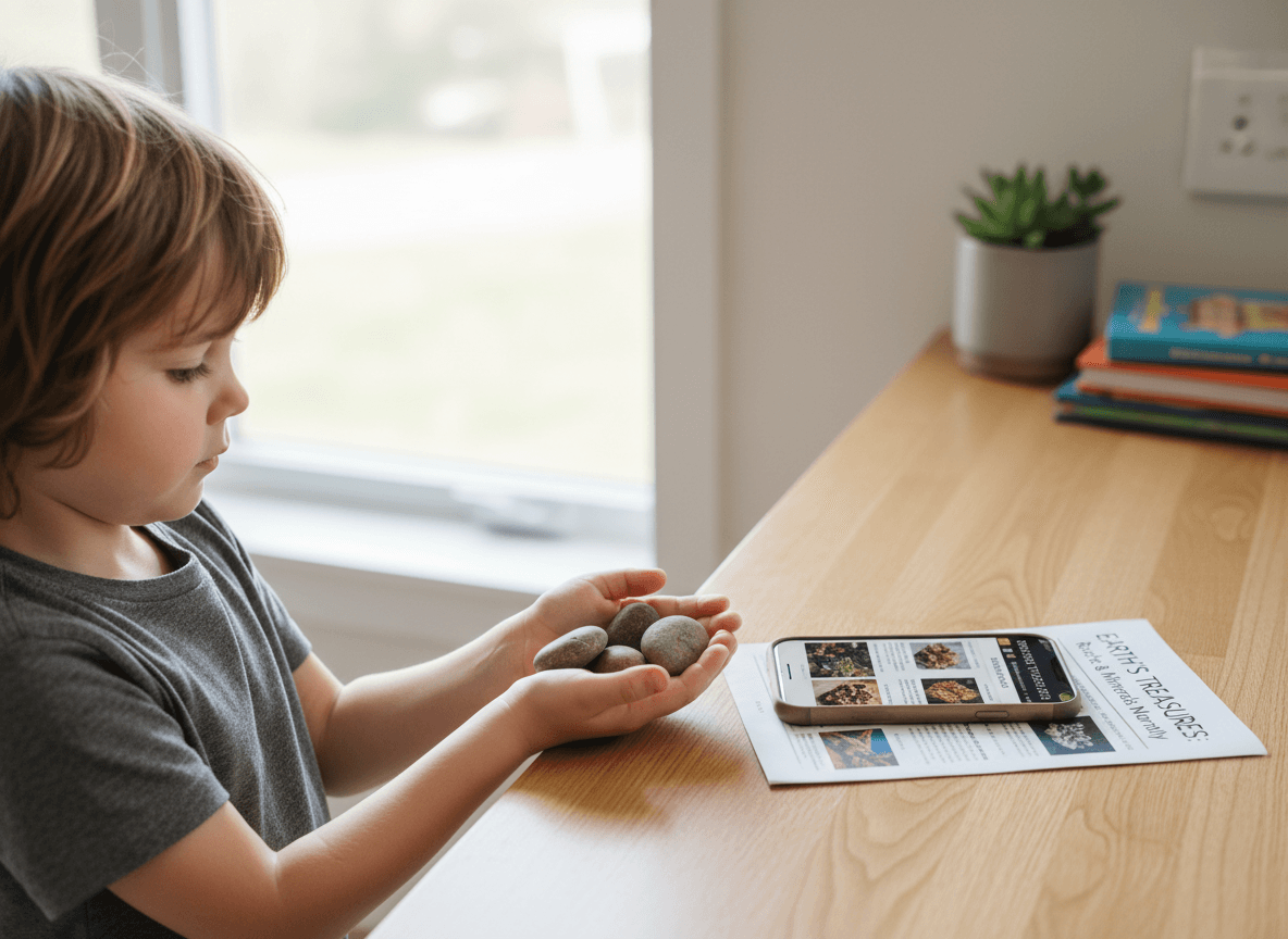 A child holding three small rocks on a kitchen counter next to a phone showing a rocks and minerals newsletter