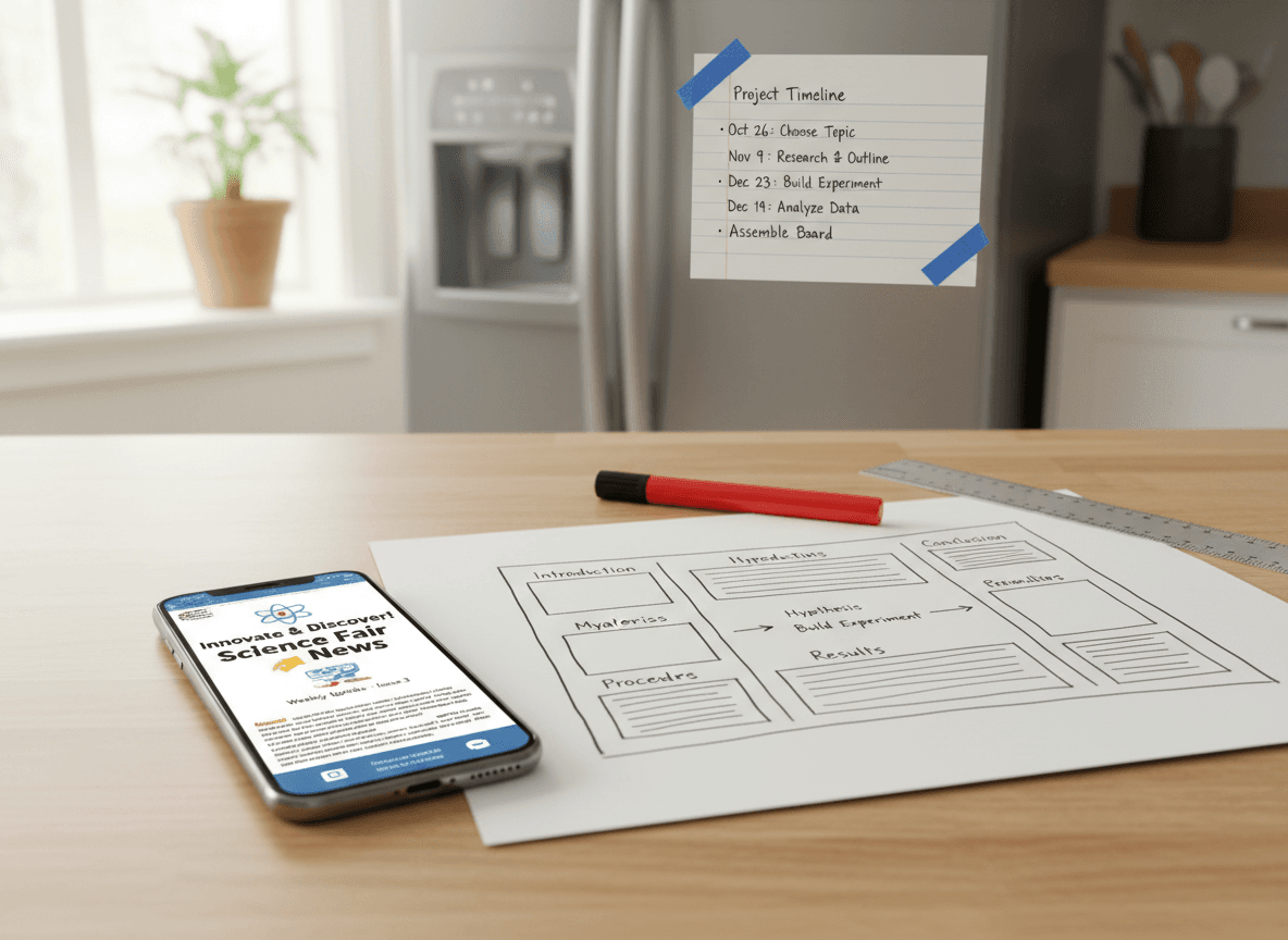 A science fair newsletter on a phone next to a tri-fold board layout sketch and a project timeline taped to a fridge