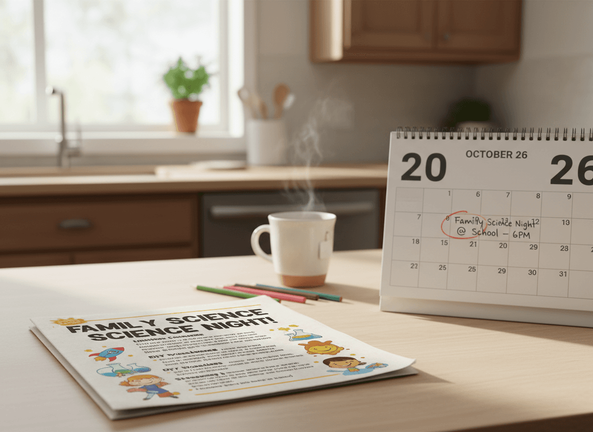 A printed Family Science Night newsletter on a kitchen counter next to a calendar with the event date circled