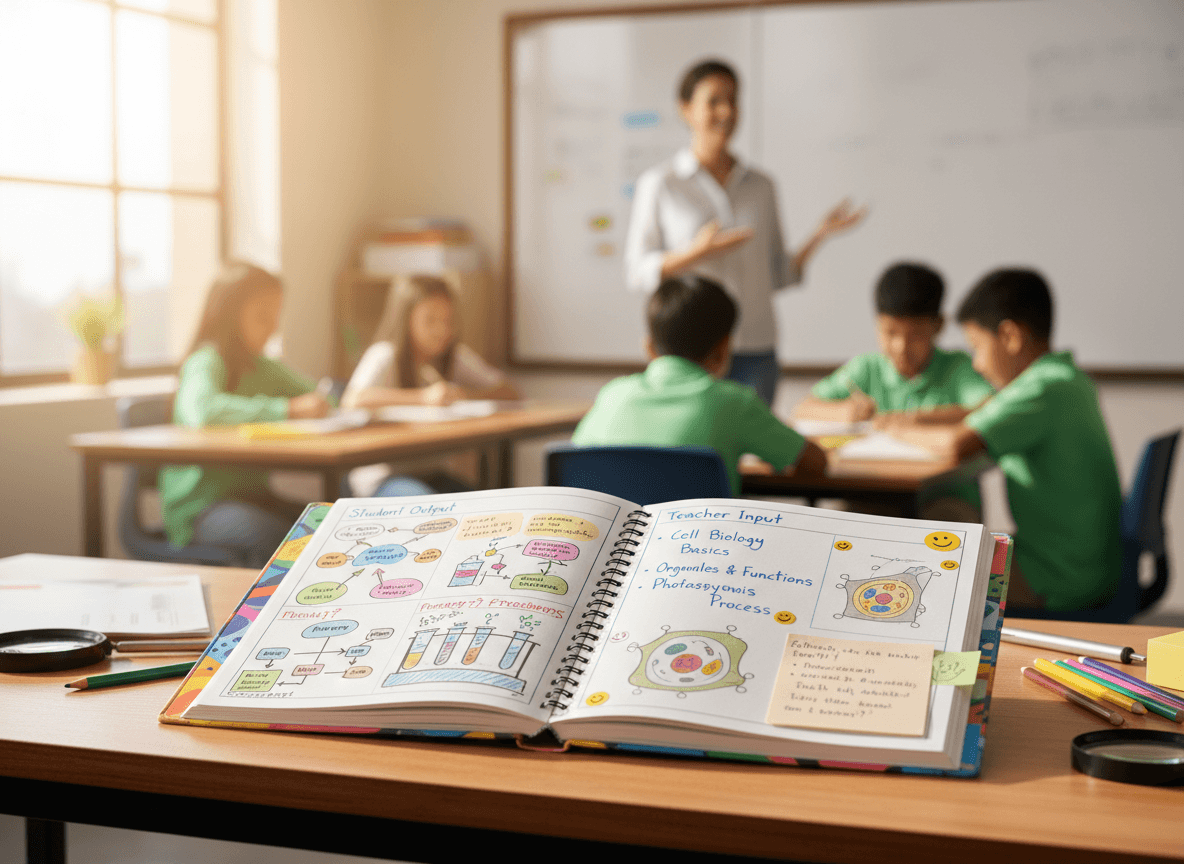 An open interactive science notebook on a desk showing teacher-input on the right page and student-output on the left