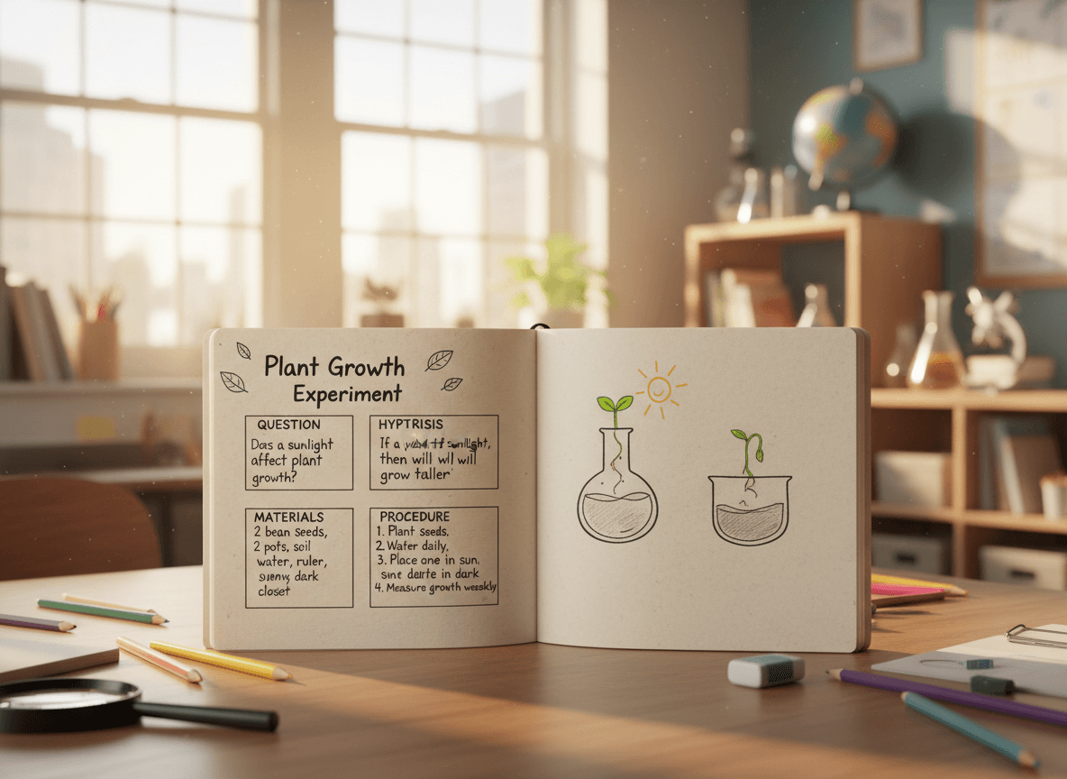 A student's science notebook open to a scientific method graphic organizer filled in for a plant growth experiment