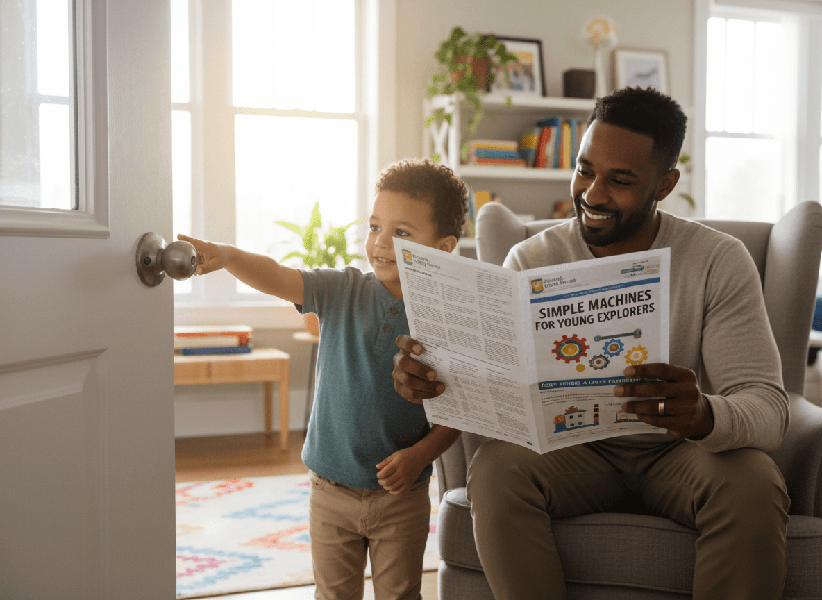 A child pointing at a door hinge while a parent reads a printed simple machines newsletter at home