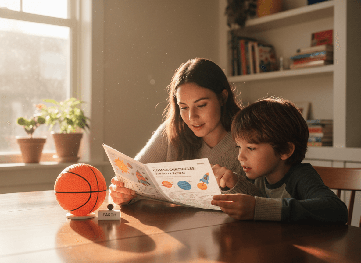 A parent and child reading a printed solar system newsletter at home with a peppercorn and basketball scale model on the table