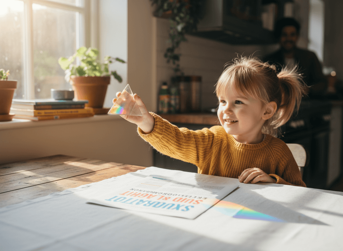 A child holding a prism in sunlight on a kitchen table next to a printed sound and light newsletter