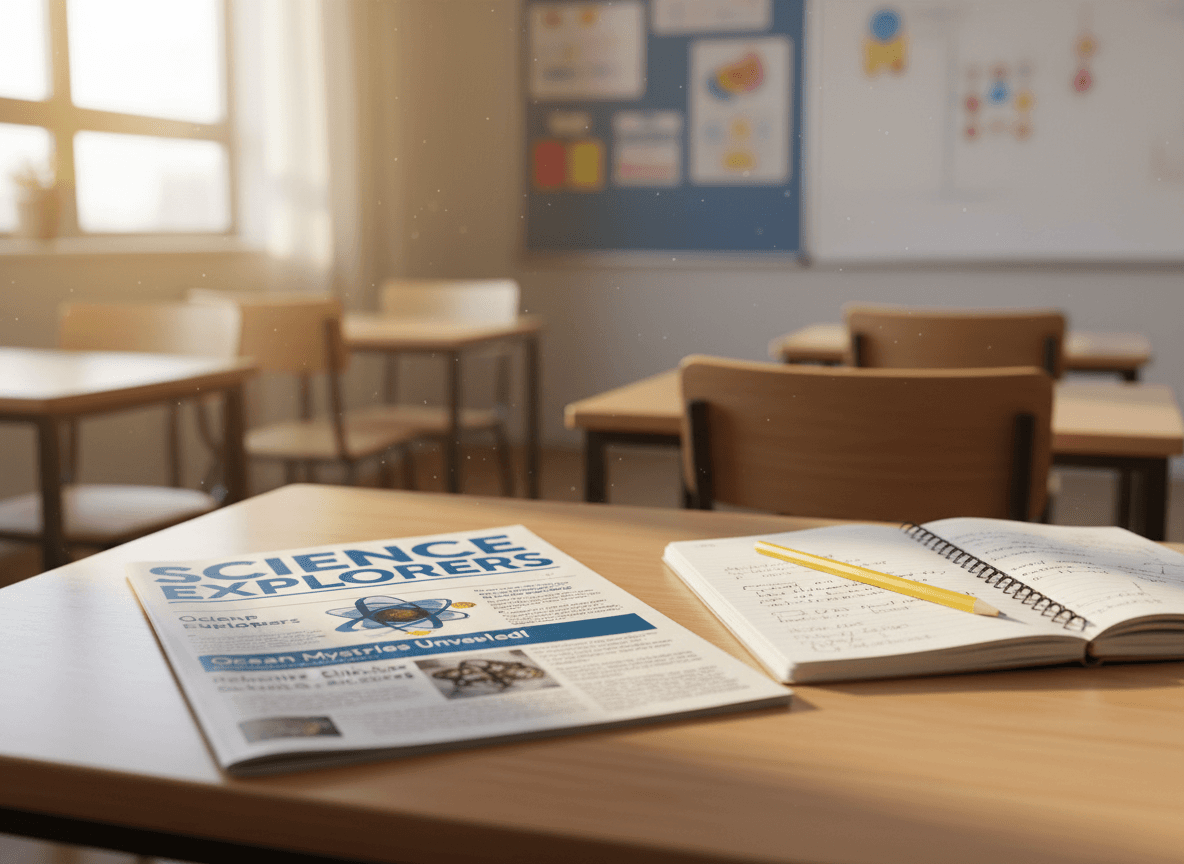 A printed student-facing science newsletter on a desk next to a notebook and a colored pencil