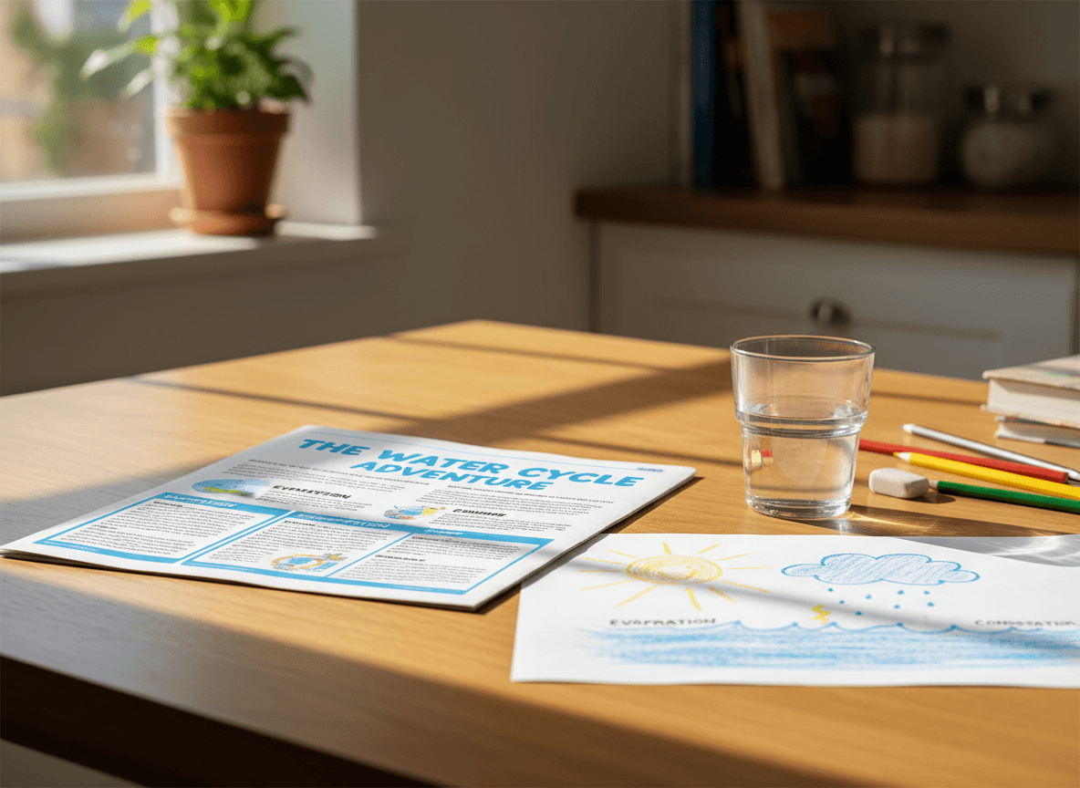A printed water cycle newsletter on a kitchen table next to a child's drawing of evaporation and condensation
