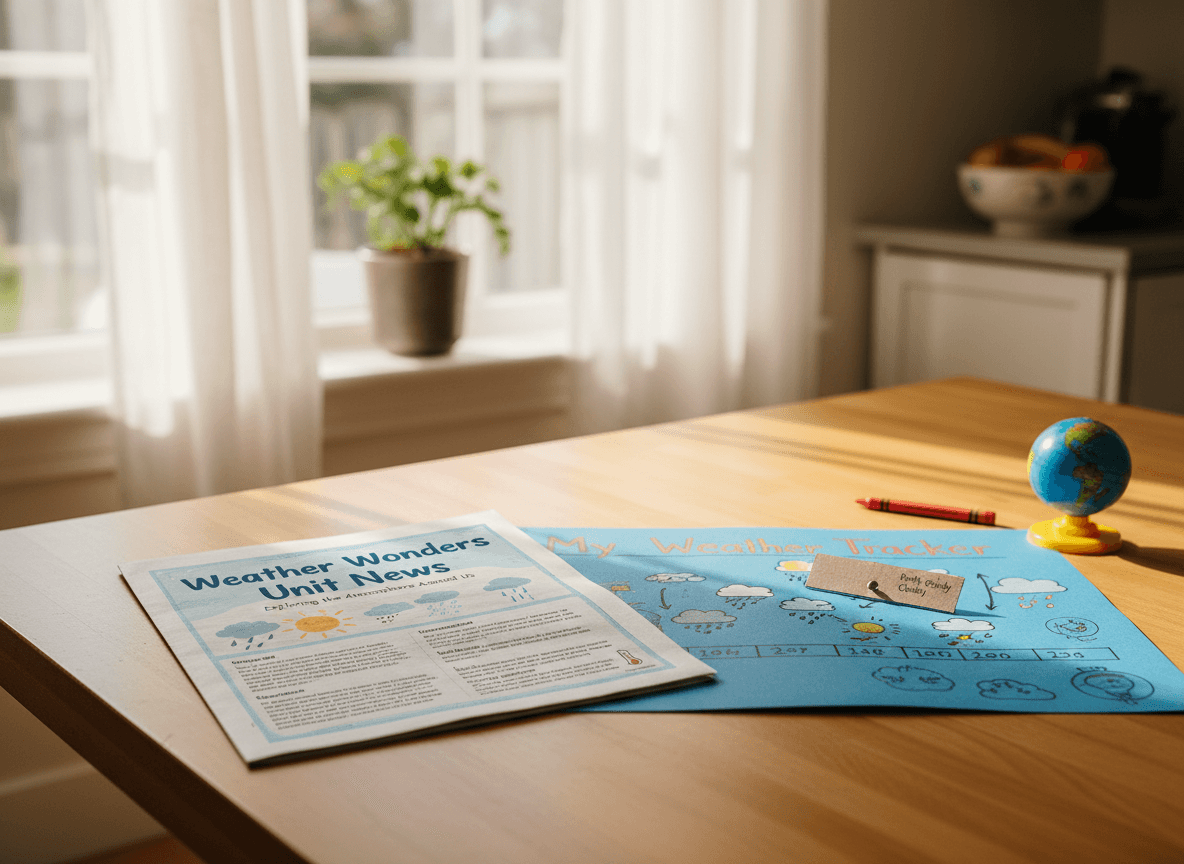 A printed weather unit newsletter on a kitchen table next to a child's homemade weather chart