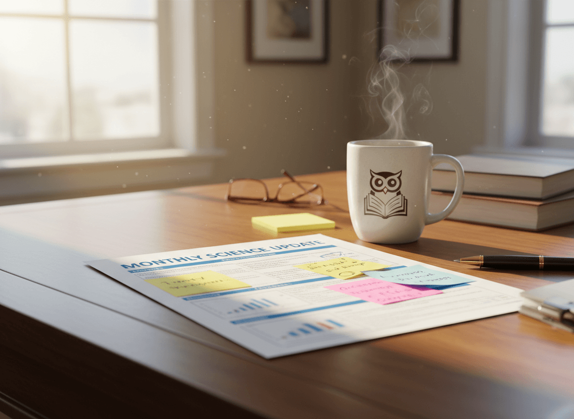 A printed monthly science update to the principal on a desk with sticky notes and a coffee cup