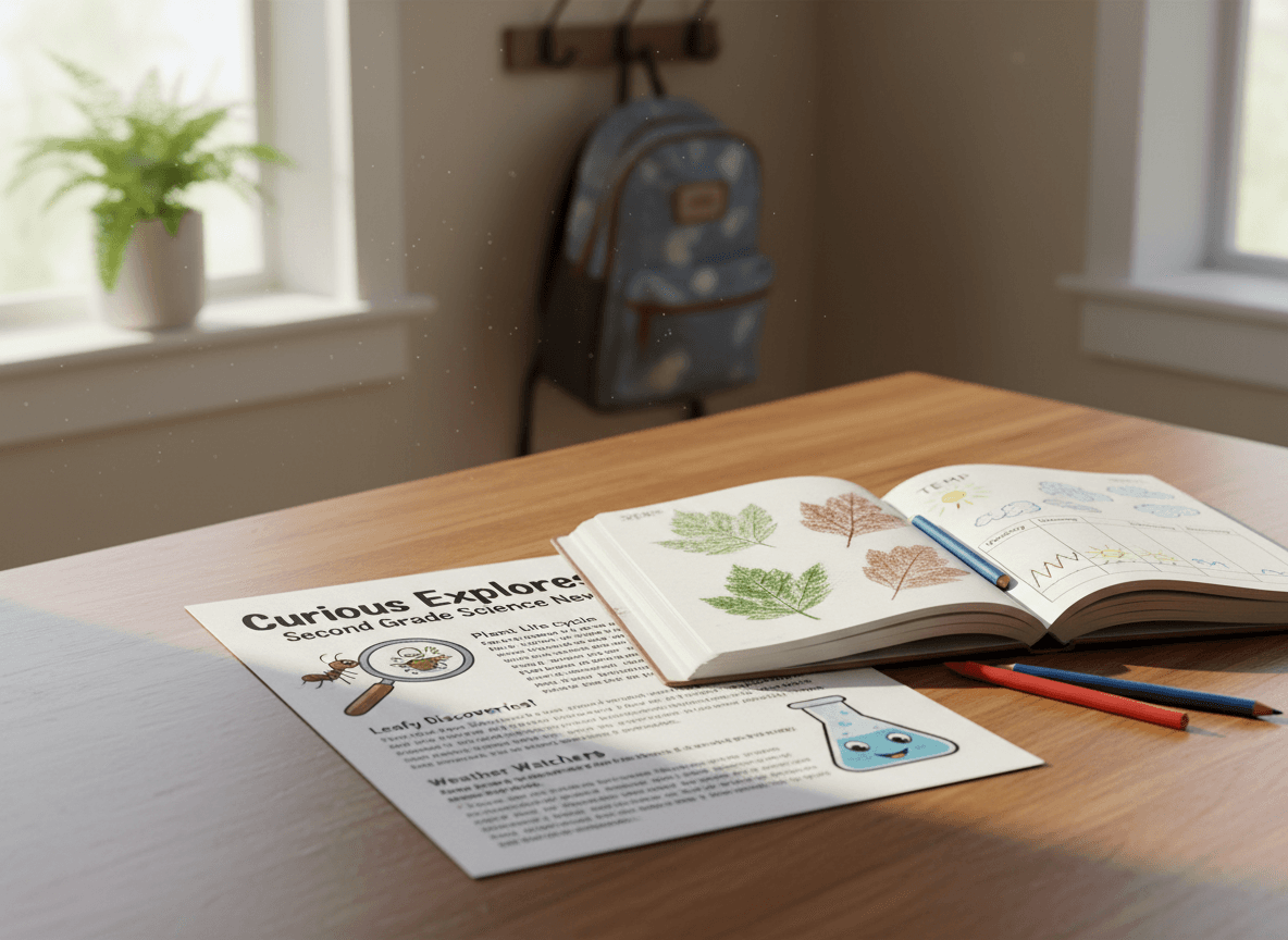 A second grade science newsletter on a kitchen table next to a child's nature journal with leaf rubbings and a temperature chart