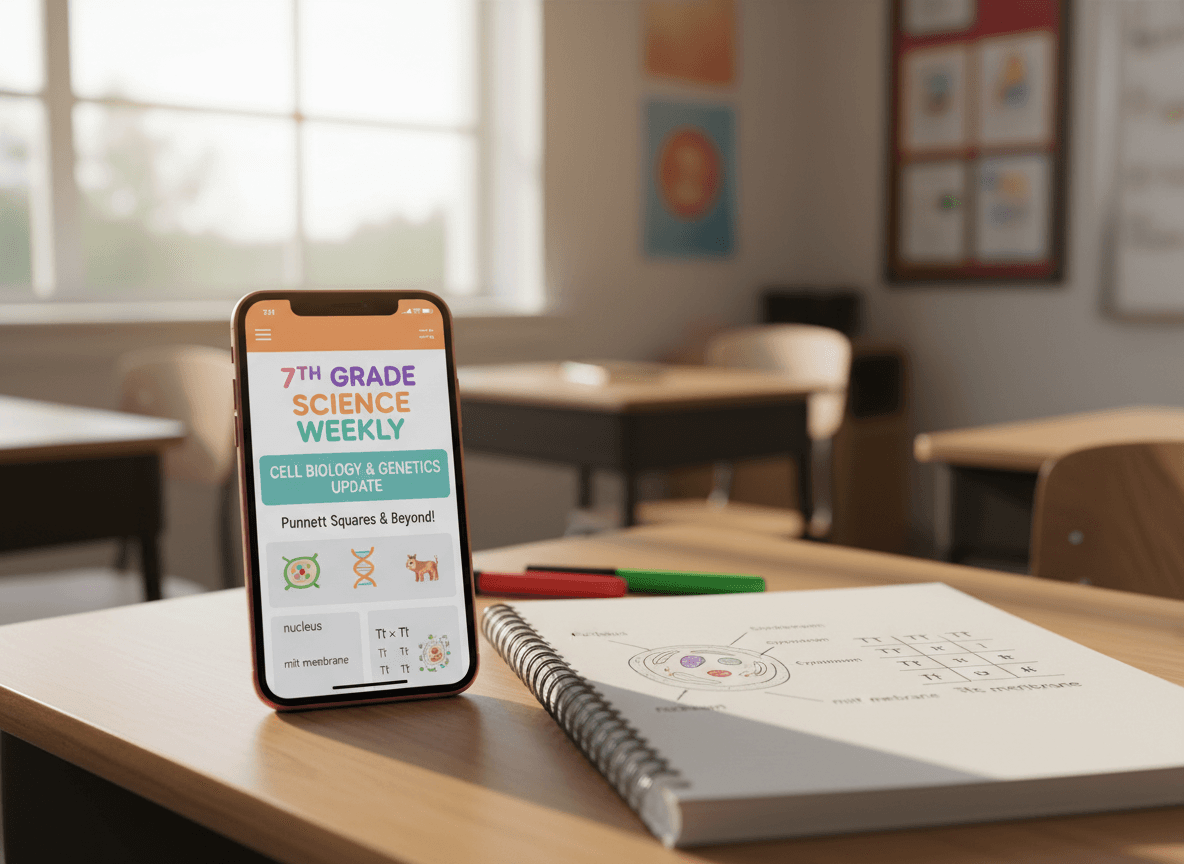 A seventh grade science newsletter open on a phone next to a labeled cell diagram and a punnett square in a student notebook