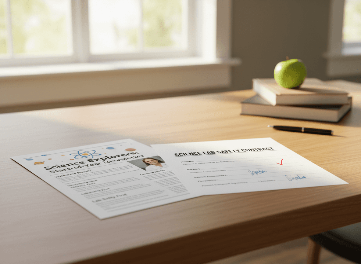 A printed start-of-year science newsletter on a kitchen counter next to a returned signed safety contract