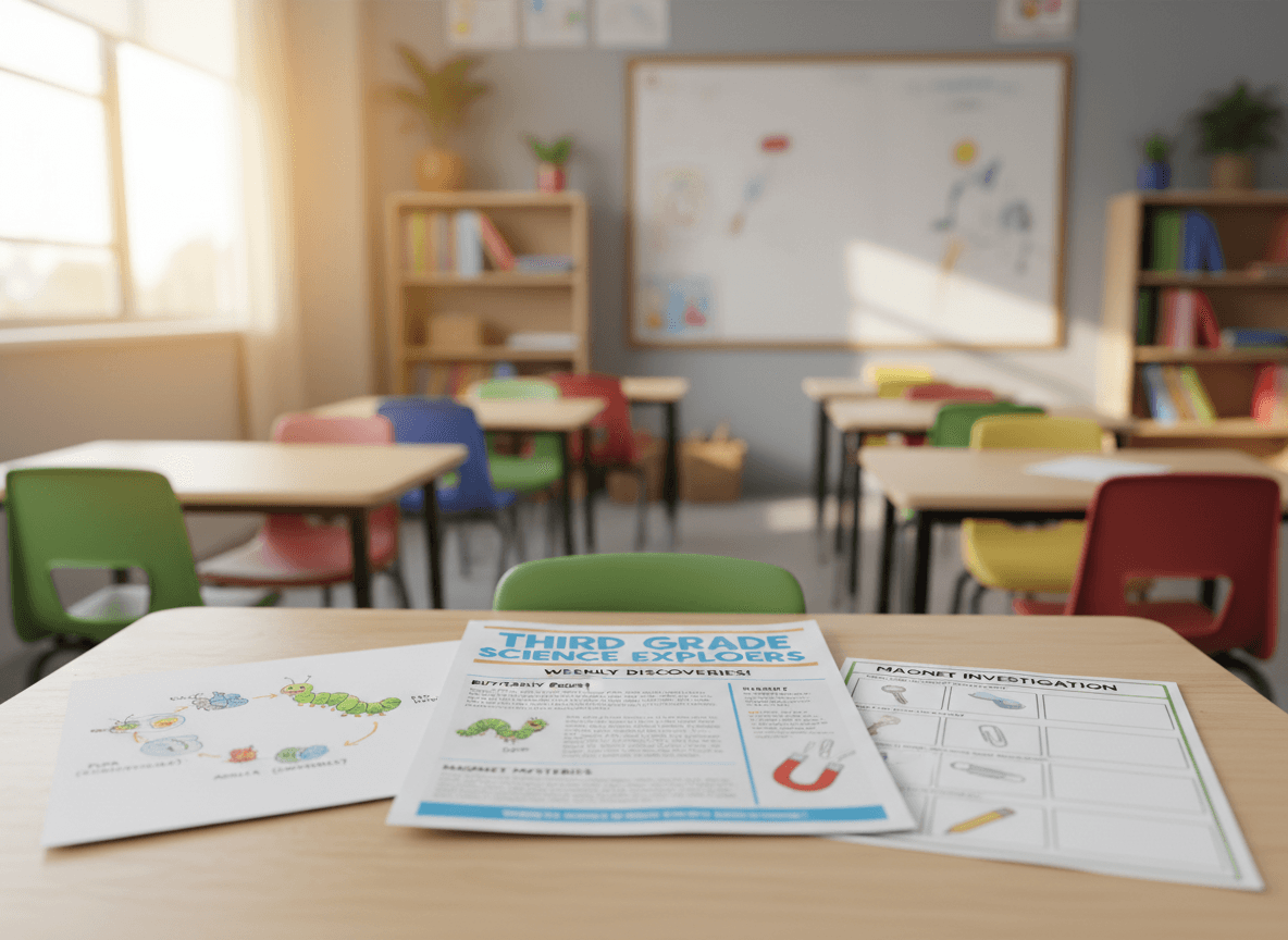 A printed third grade science newsletter beside a butterfly life cycle drawing and a magnet investigation worksheet