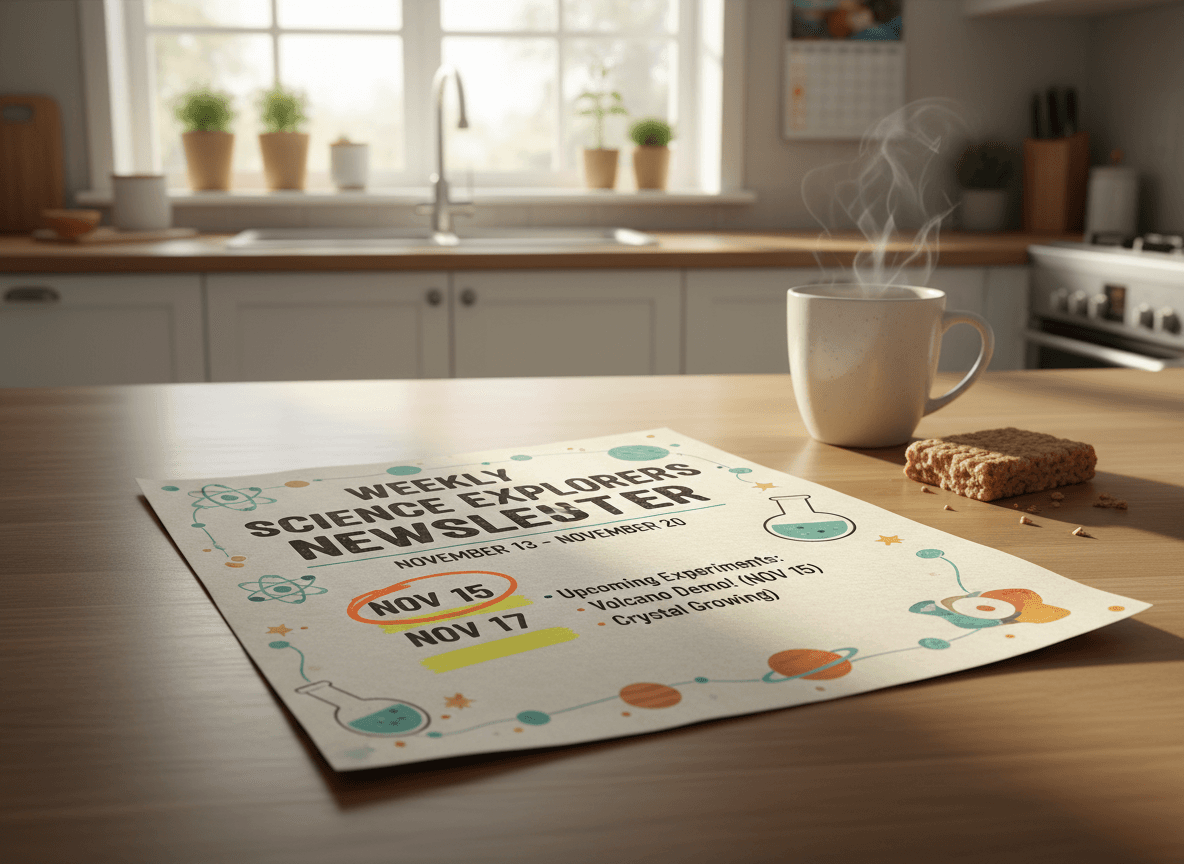 A printed weekly science newsletter on a kitchen counter with the upcoming dates highlighted
