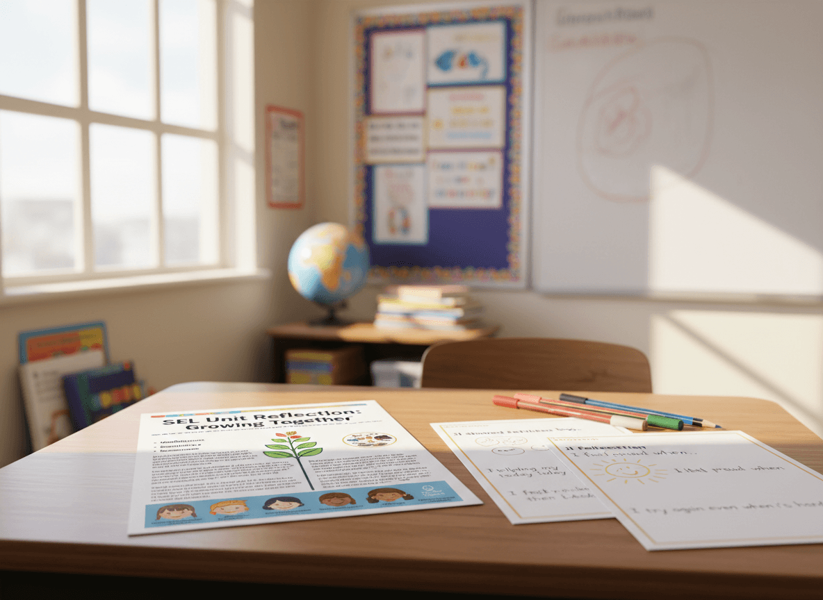 A printed end-of-unit SEL newsletter on a desk with student reflection sheets beside it