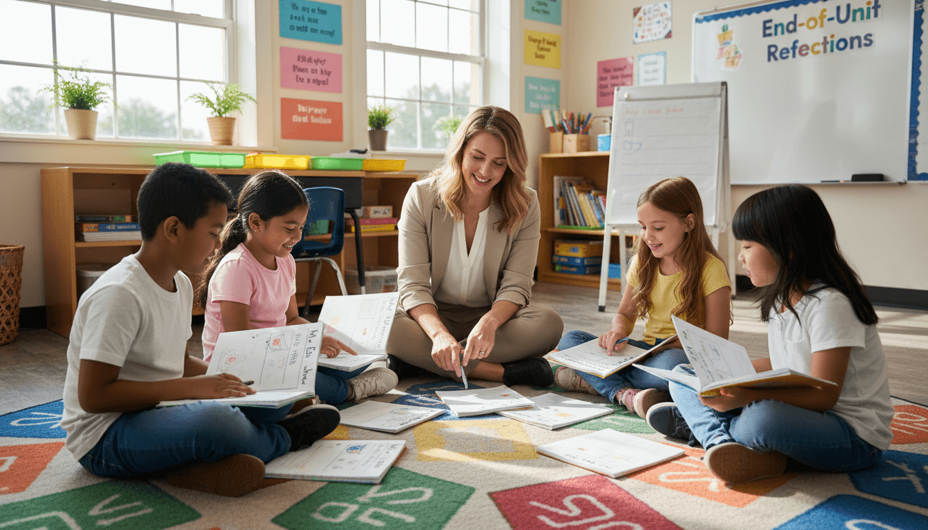 A teacher reviewing end-of-unit SEL reflections with a small group of students sitting on the classroom rug