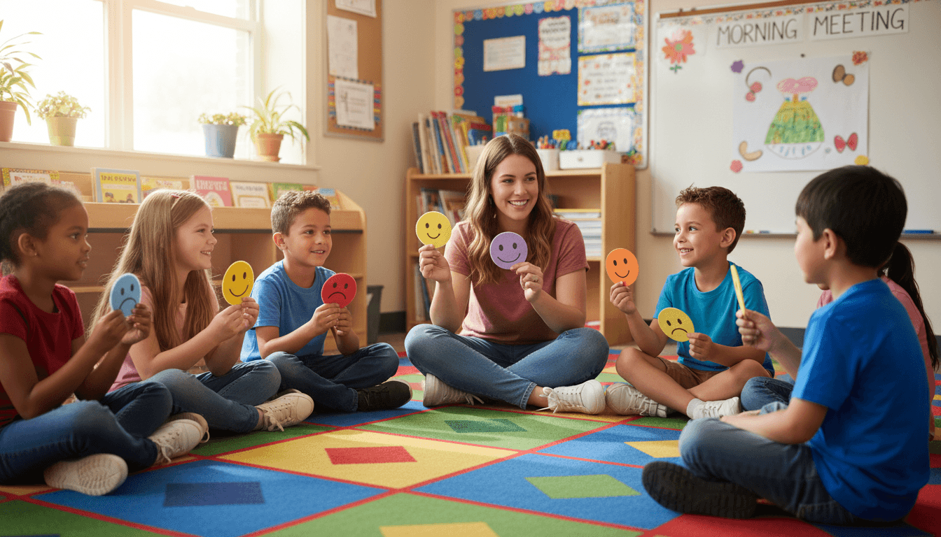 First graders sitting in a circle on a colorful classroom rug sharing how they feel during morning meeting