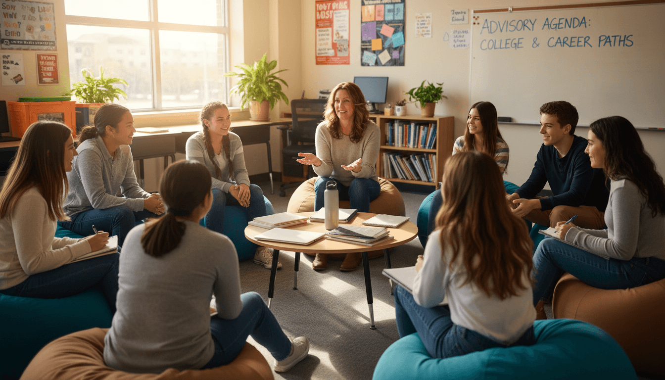 A high school advisory class with students sitting in a discussion circle led by their advisory teacher