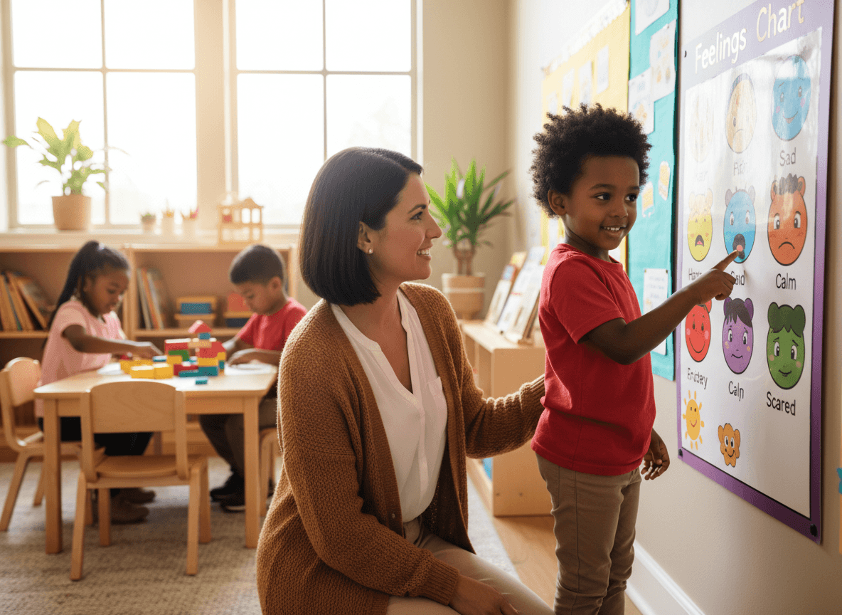 A kindergarten teacher pointing to a feelings chart while a student finds the face that matches how they feel that morning