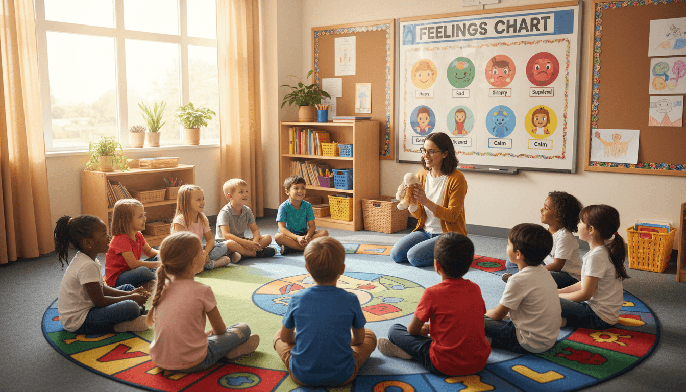 A kindergarten classroom with a feelings chart on the wall and students sitting in a morning meeting circle on a colorful rug