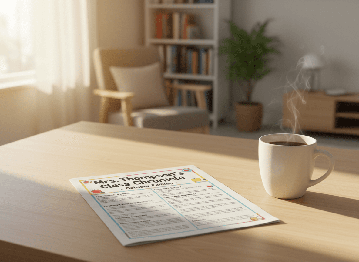 A printed monthly classroom newsletter on a kitchen table next to a coffee mug